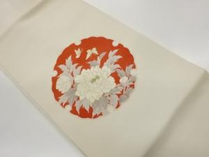 塩瀬金彩雪輪に牡丹・蝶模様刺繍名古屋帯